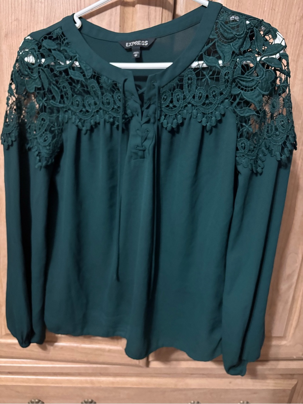 Express Women's Dark Teal Lace Yoke Long Sleeve Blouse